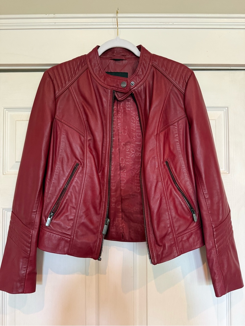 Guess Wine Red Leather Moto Jacket with Snap Neck